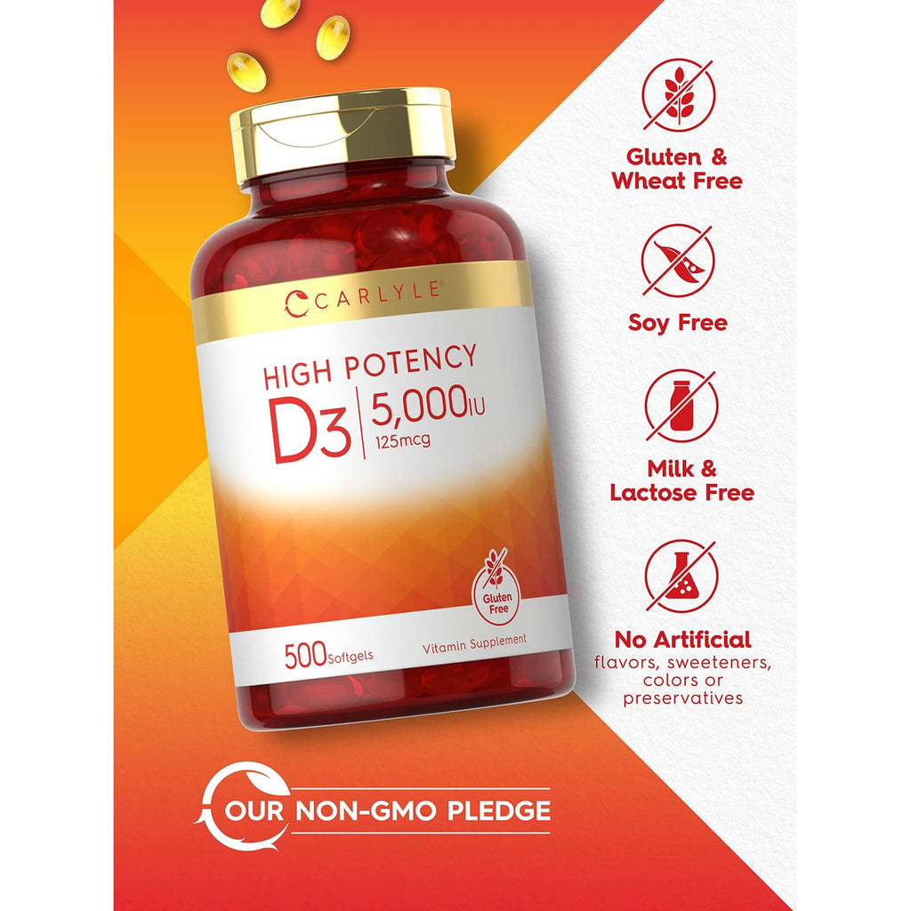 Carlyle Vitamin D3 5000 IU Softgels | 500 Count | Value Size | Non-GMO and Gluten Free Supplement | High Potency Formula | 125mcg