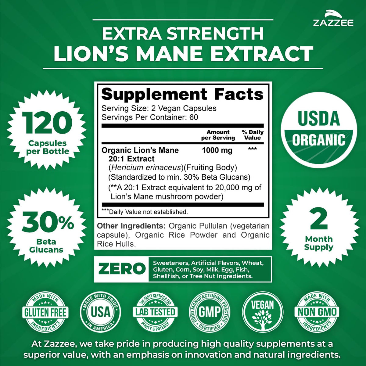 Zazzee USDA Organic Lion's Mane 20:1 Extract, 30% Beta Glucans, Vegan