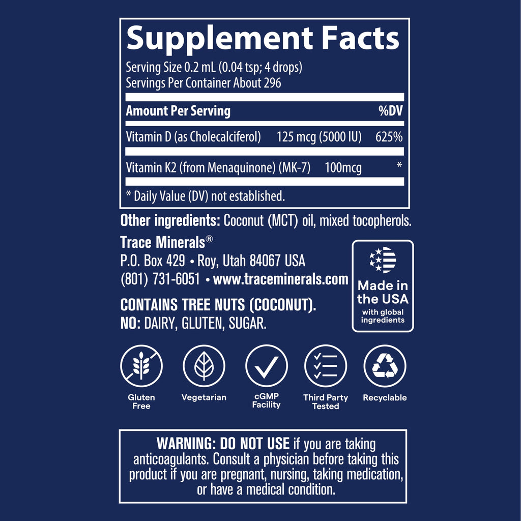 Trace Minerals Liquid Vitamin D3 + K2 Supplement, 5000 IU, 2 fl oz | Ionic liquid drops, 100 mcg K2 per serving, bone and immune support, 3rd-party purity verified, 296 servings per bottle