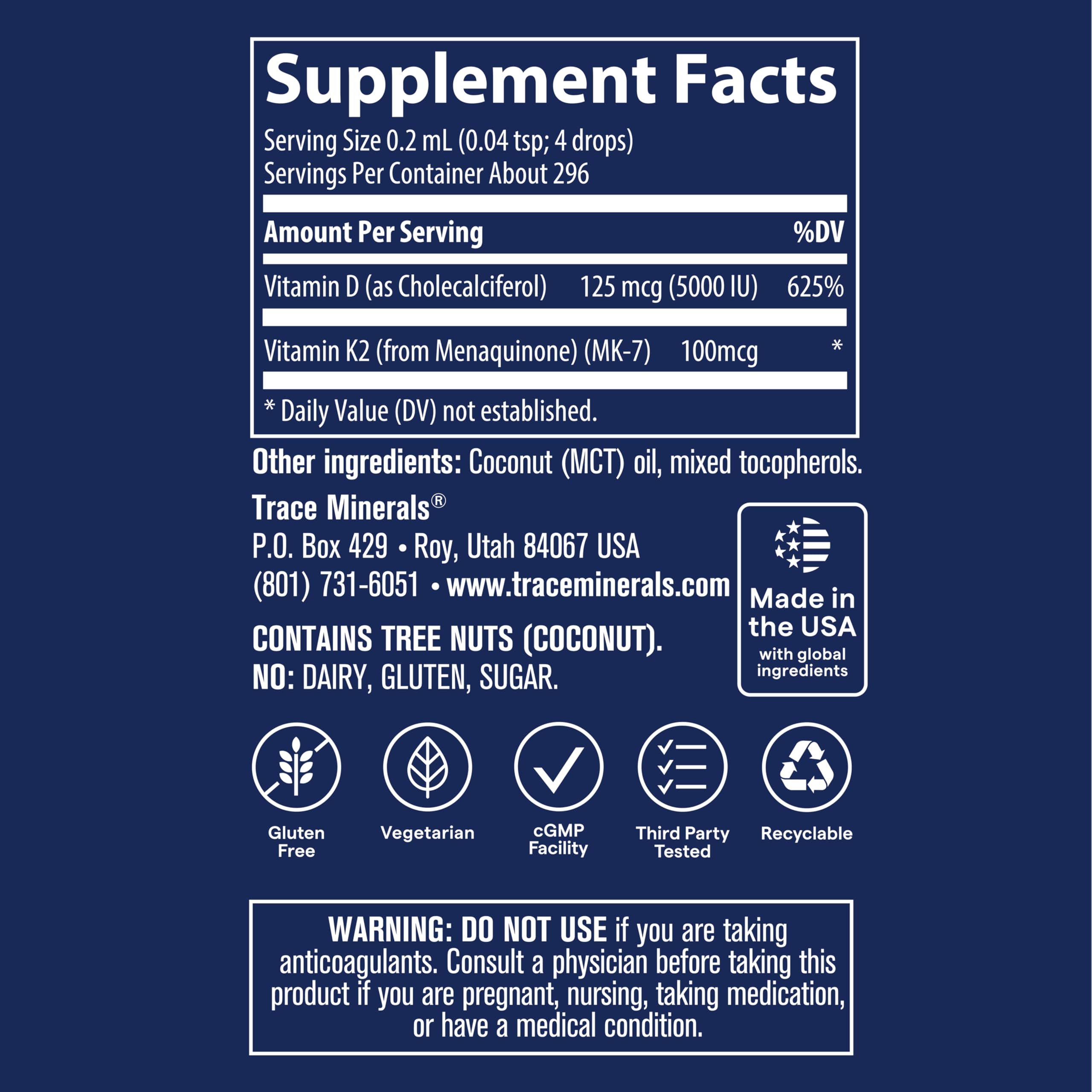 Trace Minerals Liquid Vitamin D3 + K2 Supplement, 5000 IU, 2 fl oz | Ionic liquid drops, 100 mcg K2 per serving, bone and immune support, 3rd-party purity verified, 296 servings per bottle