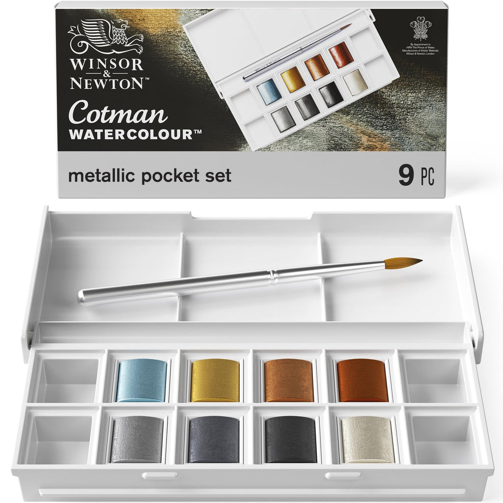 Buy now Winsor & Newton Cotman Watercolor Paint Set, Field Pocket Set, 12 Half Pan w/ Brush, Sponge, Bottle 8 Half Pan Metallic Colors at indiglob india