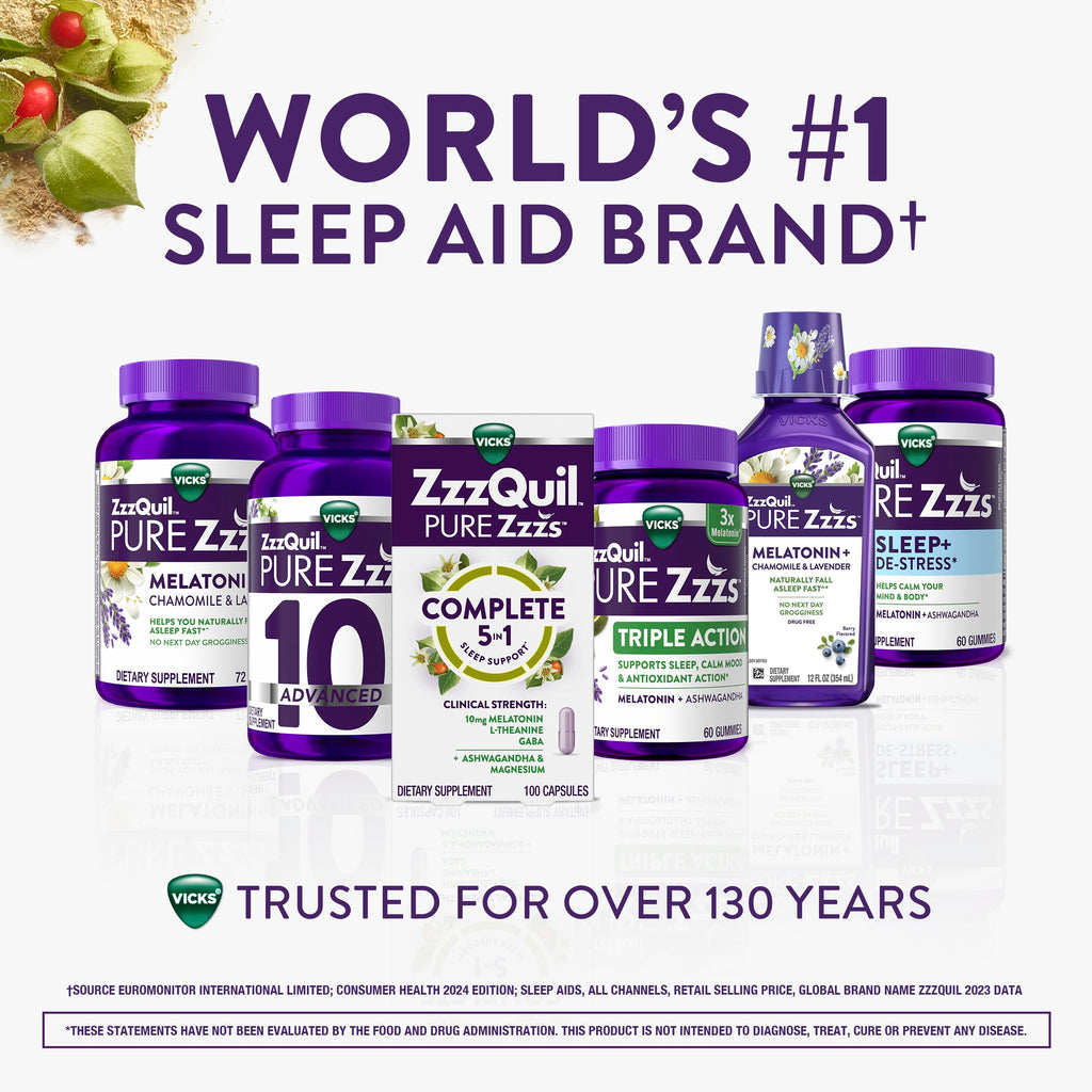 Buy now ZzzQuil Pure Zzzs Complete Sleep, Melatonin 10mg, L-Theanine, GABA, with Ashwagandha, and Magnesium, Melatonin Sleep Aid, 100 Count at indiglob india