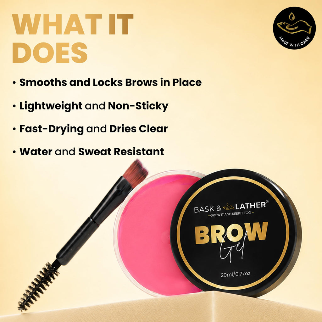 BASK & LATHER Stronghold 24-Hour Brow Gel – Clear Eyebrow Gel with Castor Oil, Argan Oil & Basil Leaf – Flake-Free, Waterproof, Smudge-Proof Eyebrow Setting for Thicker, Fuller Brows, 20mL