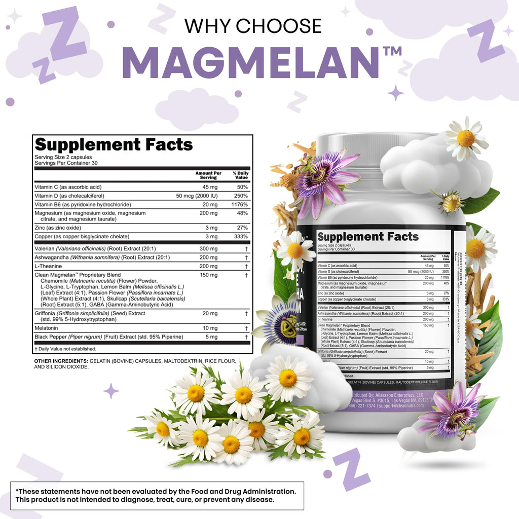 Clean Nutraceuticals Melatonin 10mg Valerian Root L Theanine 200mg Ashwagandha - Sleep Support for Women & Men with Magnesium Complex, Lemon Balm, Chamomile, & Passion Flower - 60 Caps