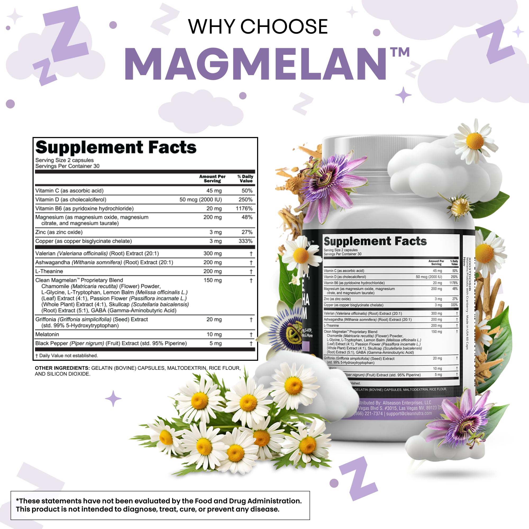 Clean Nutraceuticals Melatonin 10mg Valerian Root L Theanine 200mg Ashwagandha - Sleep Support for Women & Men with Magnesium Complex, Lemon Balm, Chamomile, & Passion Flower - 60 Caps