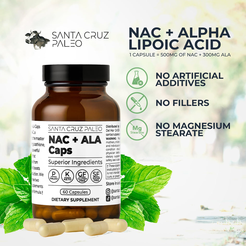Santa Cruz Paleo, NAC + ALA Caps, NAC Supplement and Antioxidant Complex with Alpha Lipoic Acid and N-Acetyl Cysteine, Cellular Support and Nutrient Balance, Gluten Free, Keto, Paleo, 60 Capsules
