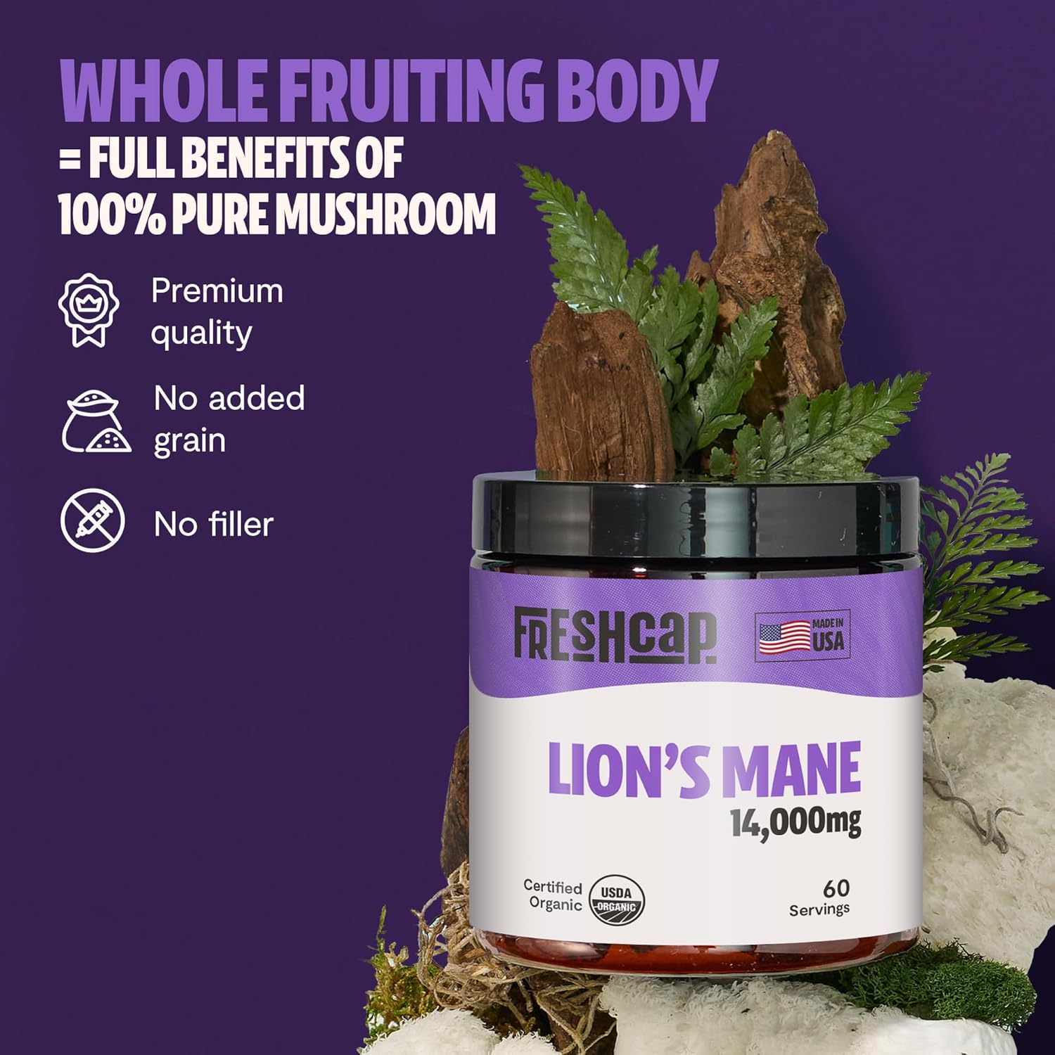 Buy now FreshCap Mushrooms Lions Mane Supplement Powder 14,000mg - Lions Mane Extract, Mushroom Supplement for Focus & Memory, Organic Lions Mane Powder (60 Servings) at indiglob india