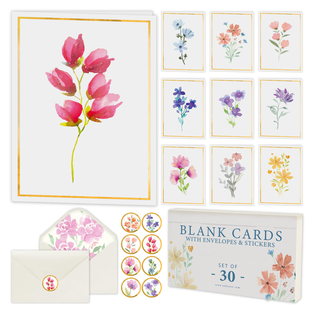30 Premium Blank Cards with Envelopes & Stickers, 4x6 Inches