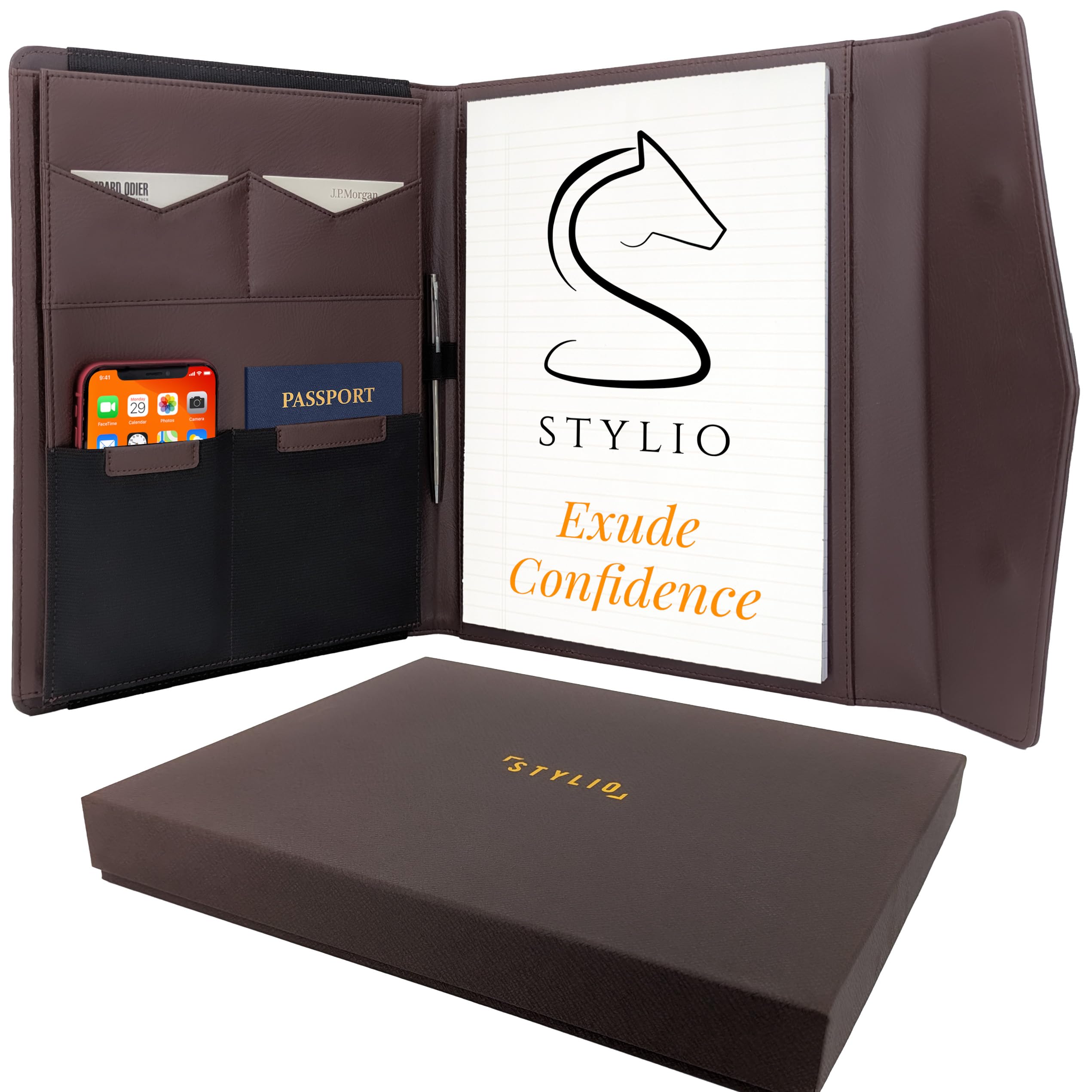 Buy now STYLIO Padfolio Portfolio Organizer Binder | Interview Resume Folder, Legal Document, Business Card Holder |w/Letter-Sized Notepad | Handsome Piano Noir Faux Leather Folio Matte Finish, Accent Stitch Padfolio w Magnetic Clasp (12.5" x 10.2" x 1.6") Walnut at indiglob india