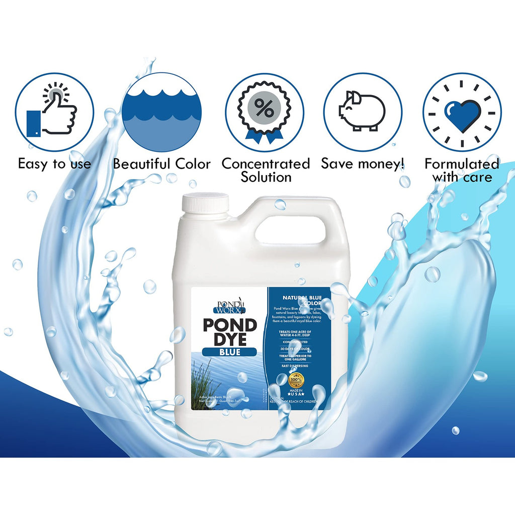 Pond Worx Blue Lake and Pond Dye - 4X Concentrated Liquid Pond Colorant - Treats up to 1 Acre - 1 Quart