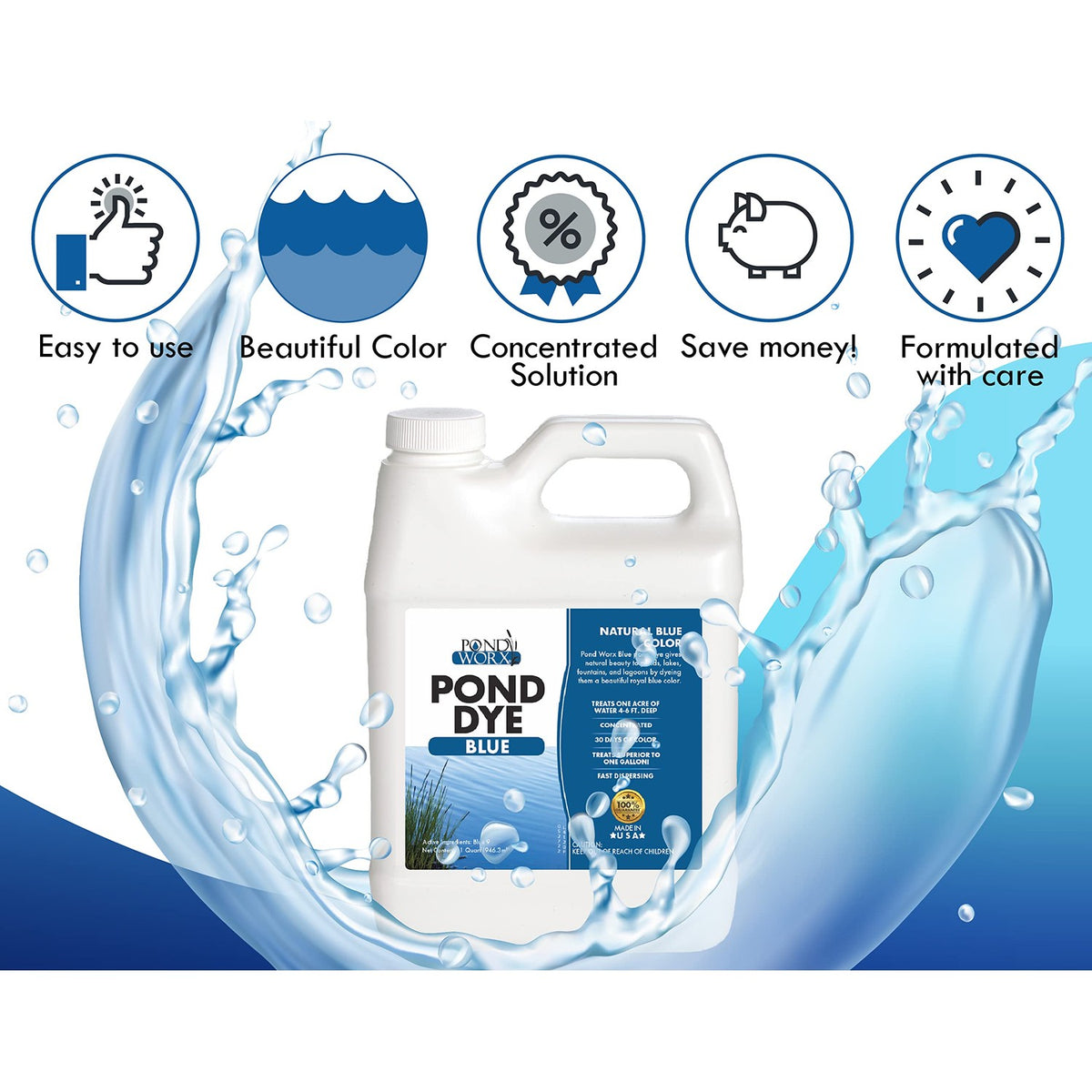 Pond Worx Blue Lake and Pond Dye - 4X Concentrated Liquid Pond Colorant - Treats up to 1 Acre - 1 Quart