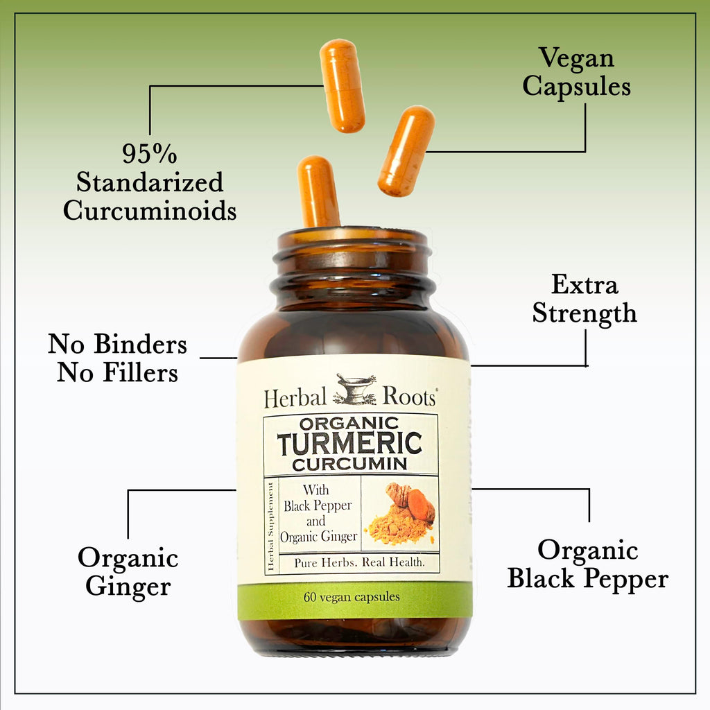Herbal Roots Organic Turmeric Curcumin Capsules with Ginger and Black Pepper - 95% Standardized Curcumin - USDA Certified Organic - 60 Vegan Capsules
