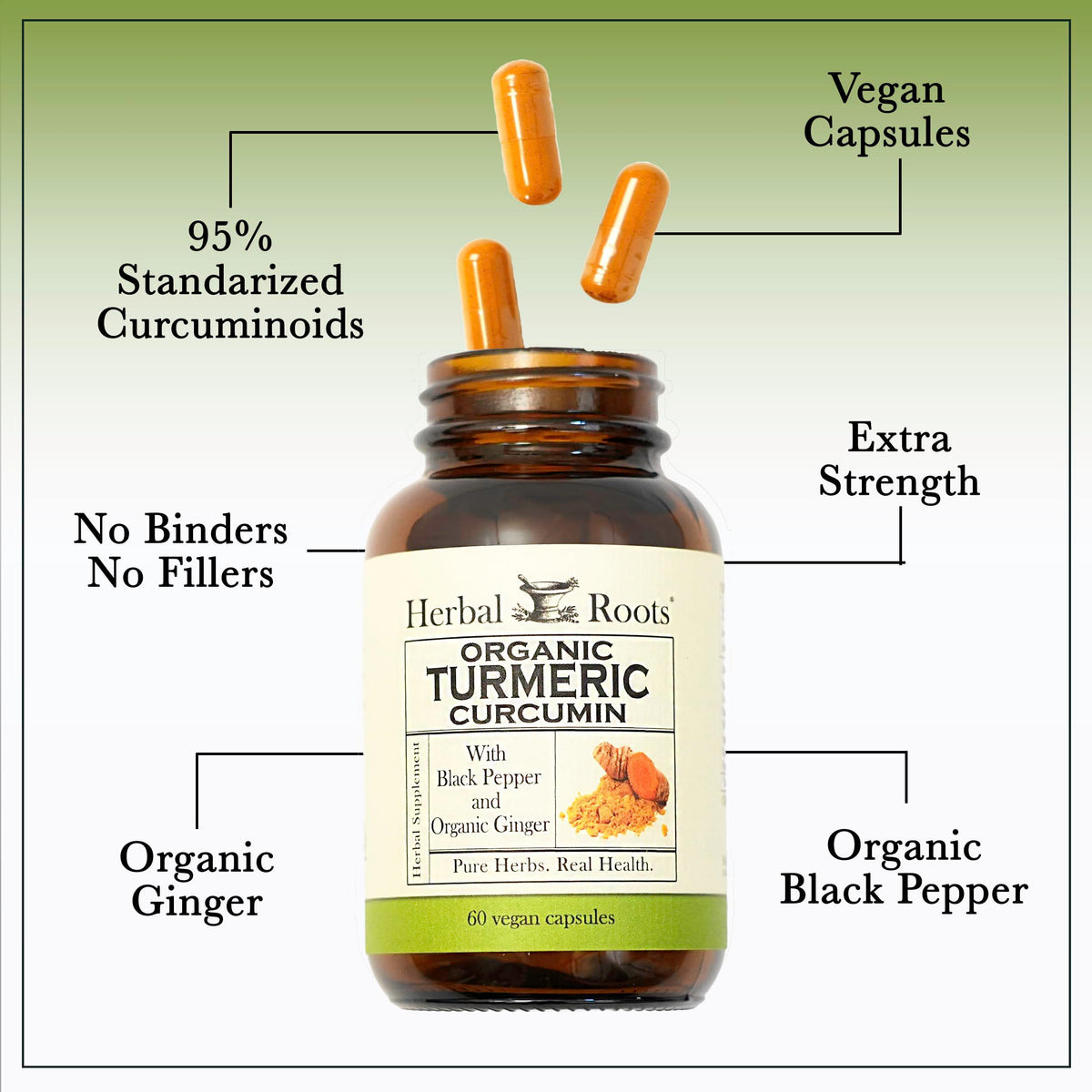 Herbal Roots Organic Turmeric Curcumin Capsules with Ginger and Black Pepper - 95% Standardized Curcumin - USDA Certified Organic - 60 Vegan Capsules
