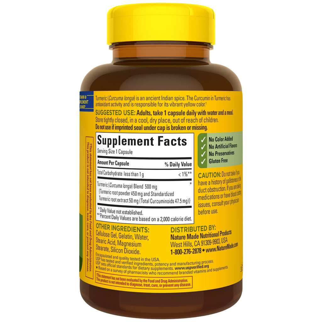 Nature Made Turmeric Curcumin 500 mg, Herbal Supplements, 120 Capsules | Turmeric Curcumin Supplement for Antioxidant Support, Gluten Free, 120 Day Supply