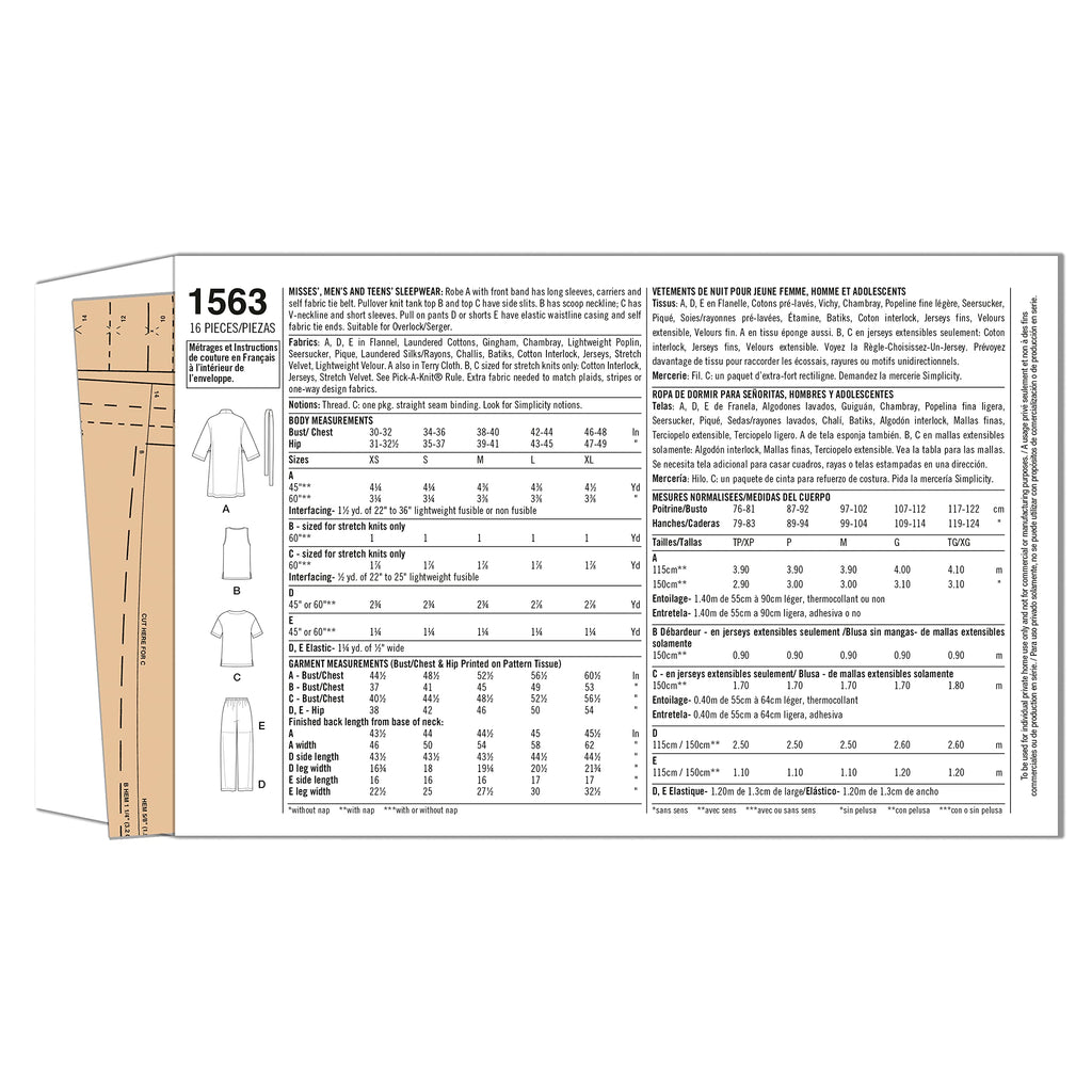 Simplicity S1563 Family Pajama Sewing Pattern, Teens', Men's & Women's Sleepwear, Sizes XS-XL