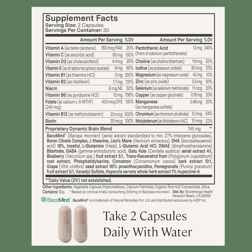 Stonehenge Health Dynamic Brain | BacoMind® for Recall Memory Focus - 60ct | Brain Supplements for Memory and Focus Nootropic Retention Cognitive Support Phosphatidylserine DHA Choline Huperzine A