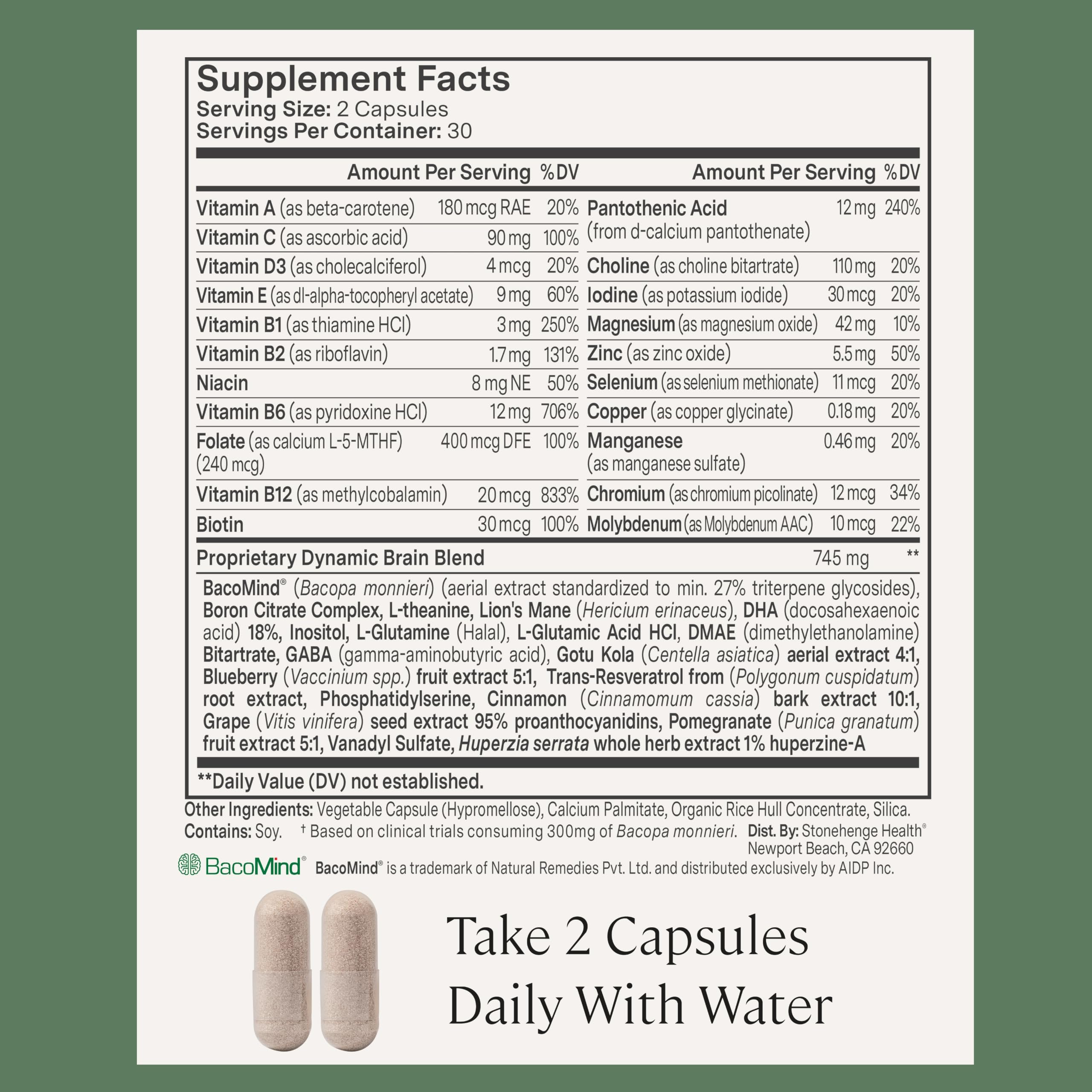 Stonehenge Health Dynamic Brain | BacoMind® for Recall Memory Focus - 60ct | Brain Supplements for Memory and Focus Nootropic Retention Cognitive Support Phosphatidylserine DHA Choline Huperzine A