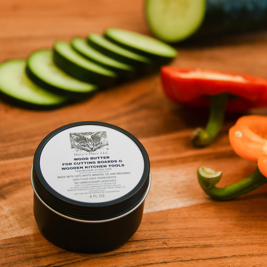 Wood Butter 4 fl oz Cutting Board Wax Conditioner for Butcher Block and Wooden Kitchen Tools. Macy;s Place Food Grade Protective Mineral Oil and Beeswax for Wooden Cutting Boards, Surfaces, and Tools.