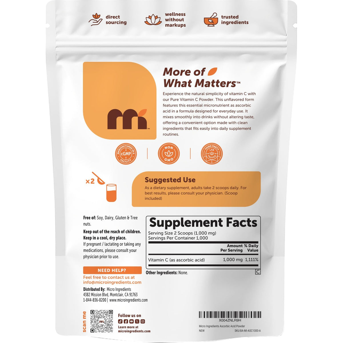 Micro Ingredients Vitamin C Powder, 2.2lbs (1kg) | Ascorbic Acid Supplement
