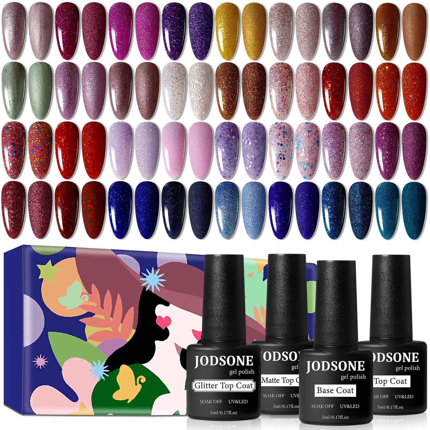 Buy now JODSONE 36 PCS Gel Nail Polish Set-32 Colors Gel Polish Kit Base Coat Glossy Matte and Glitter Top Coat Nail Polish Set Green Blue Red Pink Collection Gifts for Women at indiglob india