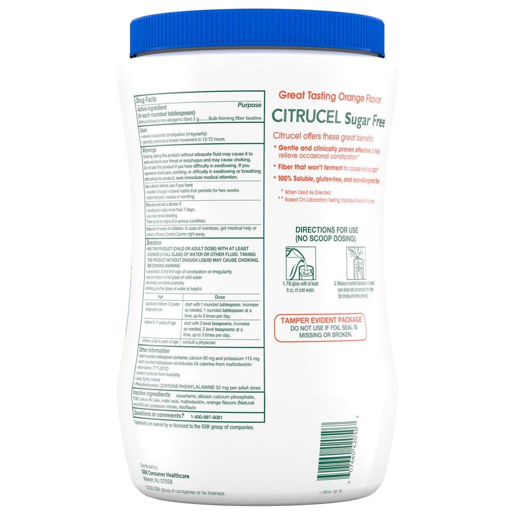 Citrucel Powder Fiber Therapy for Occasional Constipation Relief, 32 oz | Sugar Free, Methylcellulose Fiber Therapy for Irregularity That Won't Cause Gas, Orange Flavor