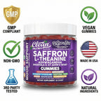 AuraZen Mood Support Saffron Gummies L-Theanine Ashwagandha Rhodiola St John's Wort Lions Mane GABA Vitamin D Magnesium Supplement | Calm Vegan Plant-Based Herbal Gummy By Clean Nutra