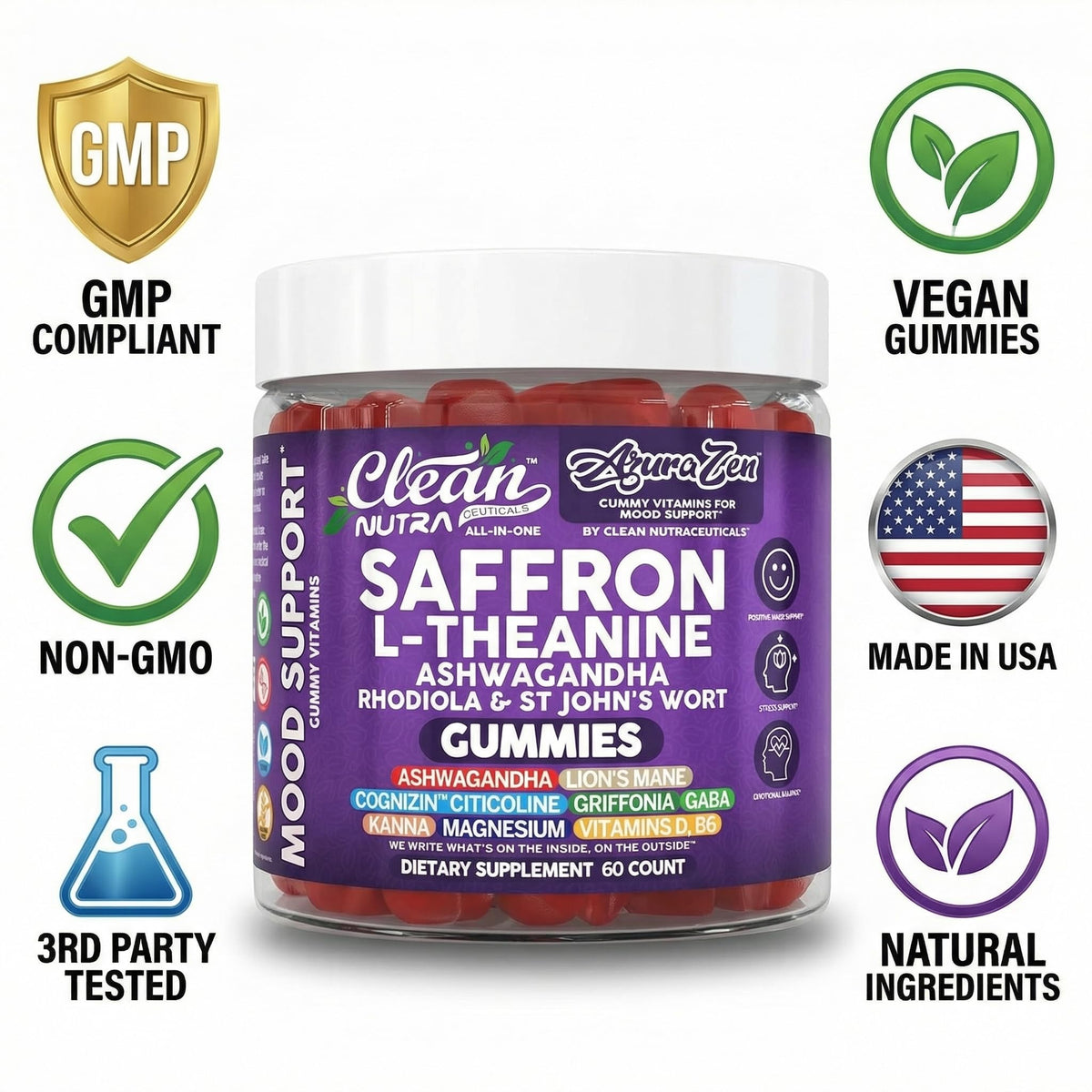 AuraZen Mood Support Saffron Gummies L-Theanine Ashwagandha Rhodiola St John's Wort Lions Mane GABA Vitamin D Magnesium Supplement | Calm Vegan Plant-Based Herbal Gummy By Clean Nutra