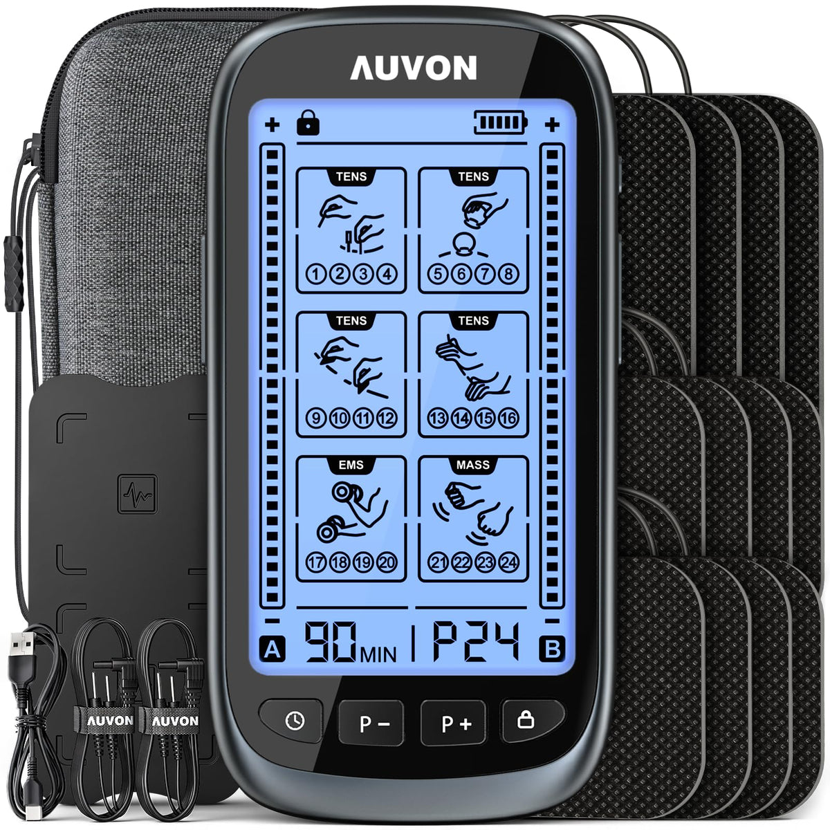 AUVON 3-in-1 TENS Unit Muscle Stimulator for Pain Relief, Large Screen