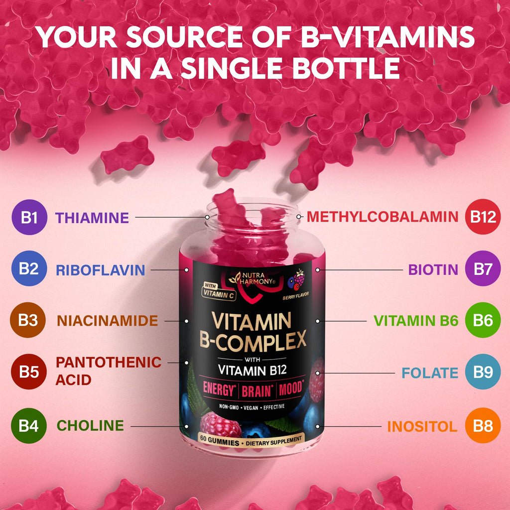 Vitamin B-Complex Gummies for Women & Men - Full B Complex & B12 - 60 Gummy | Vitamin B12, B1, B2, B3, B5, B6, B7 & B9 with Vitamin C & Choline - Energy, Brain & Mood - Natural Berry Flavor, Vegan