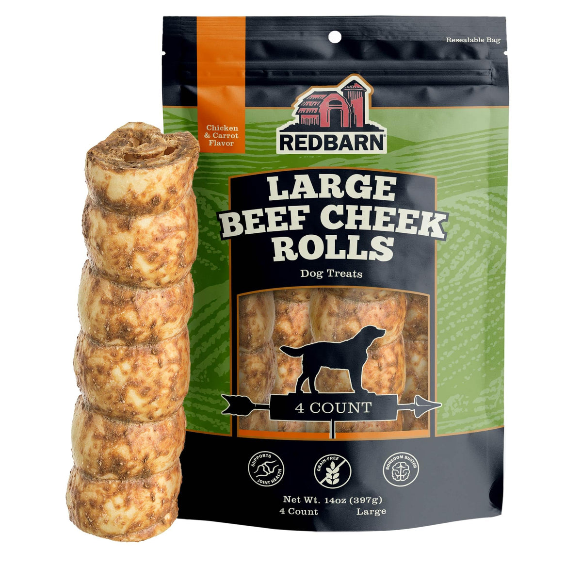 Redbarn Large Beef Cheek Rolls, Chicken & Carrot Flavor Dog Chew, 4 Pack