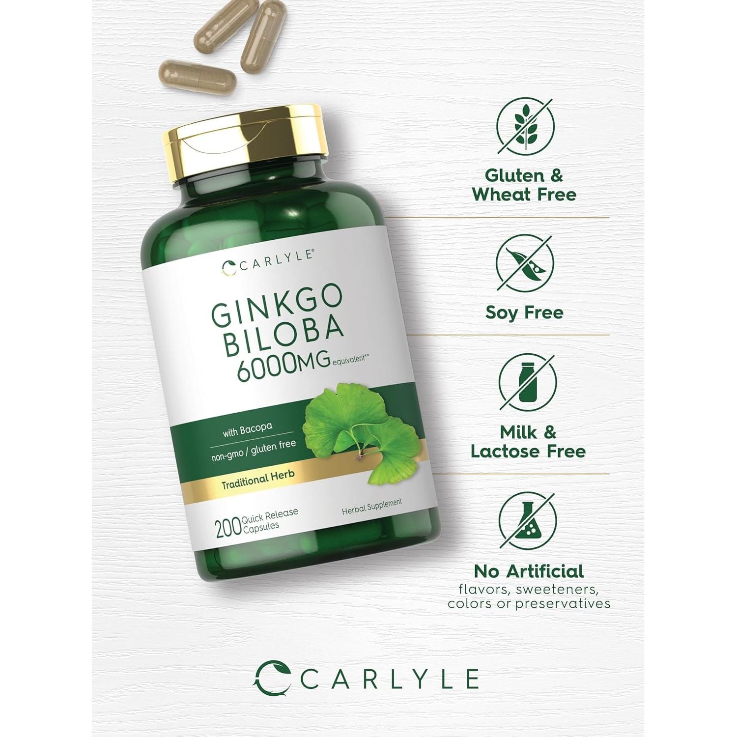 Buy now Carlyle Ginkgo Biloba Pills | 6000mg | 200 Capsules | with Bacoba Extract | Extra Strength, Non-GMO and Gluten Free Herbal Supplement at indiglob india