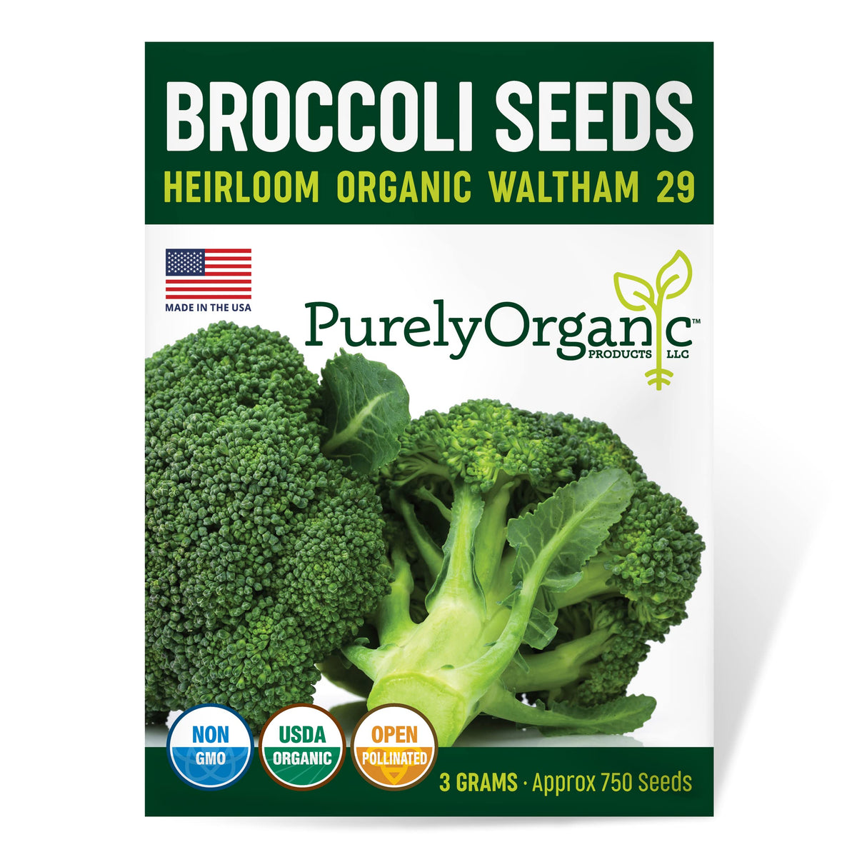 Purely Organic Broccoli Seeds (Waltham 29) - Approx 750 Seeds - USDA Organic, Non-GMO, Open Pollinated, Heirloom, USA Origin