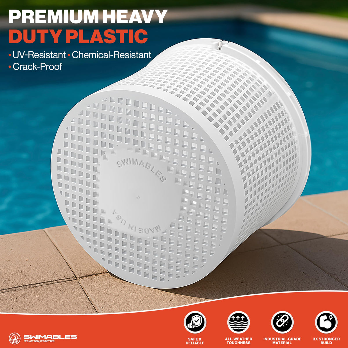 Swimables 8" Pool Skimmer Basket for Inground Pools - Compatible with Pentair U-3 Skimmer Basket 08650-0007 & Hayward SP1070, SPX1070E Pool Basket with Built-in Brass Weight, Handle & Rubber Grip