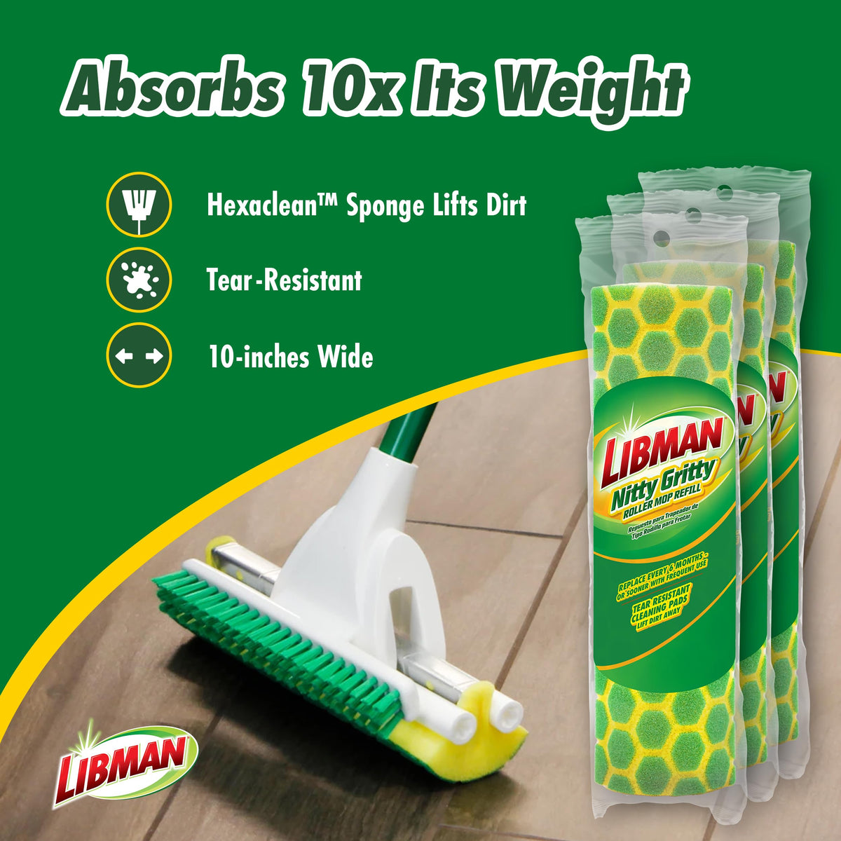 Libman Nitty Gritty Roller Mop Refills, Self Wringing, Sponge, 3 Replacement Heads Included