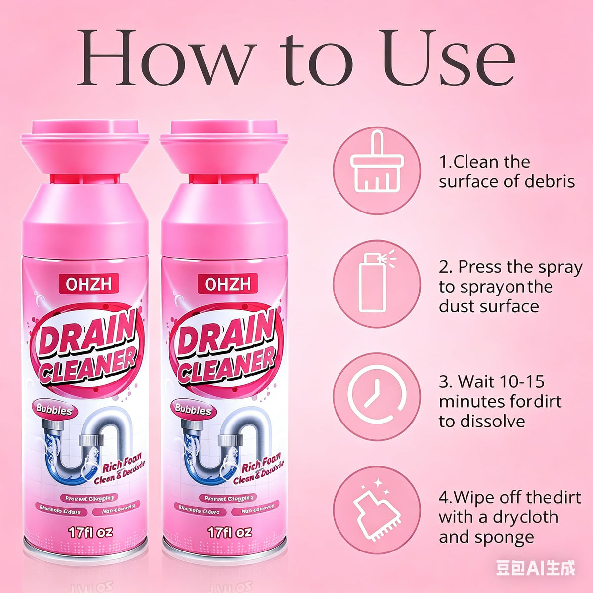 Foaming Drain Cleaner,Drain Clog Remover–Sink Cleaner and Deodorizer & Eliminates Odors, Fast Clog Removal, Safe Sink Cleaner and Deodorizer for Kitchen Sinks Bathroom Drains Tubs Showers