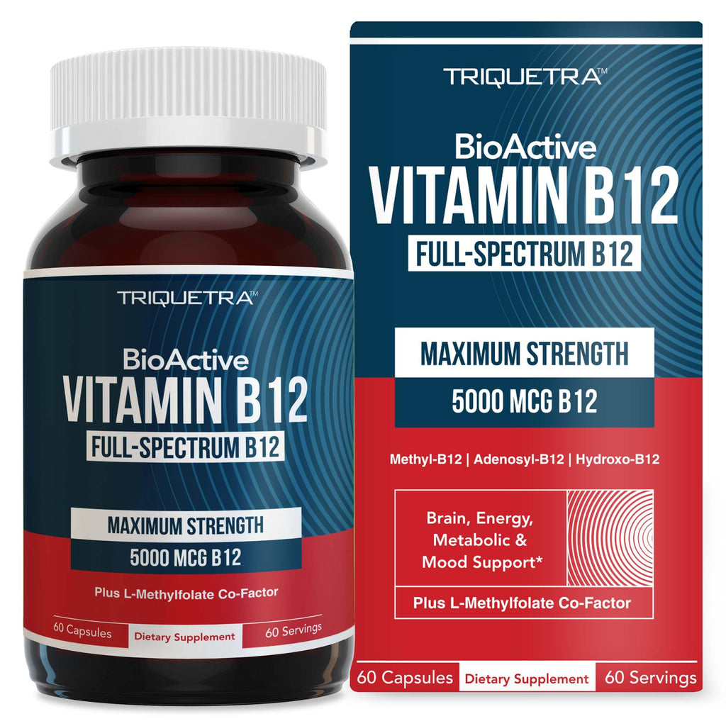 BioActive Vitamin B12 - 5000 mcg, Contains 3 BioActive Forms Methylfolate Cofactor - Methyl B12, Adenosyl B12 & Hydroxy B12 | Supports Energy, Metabolism & Mood | Vegan, Non-GMO (60 Servings)