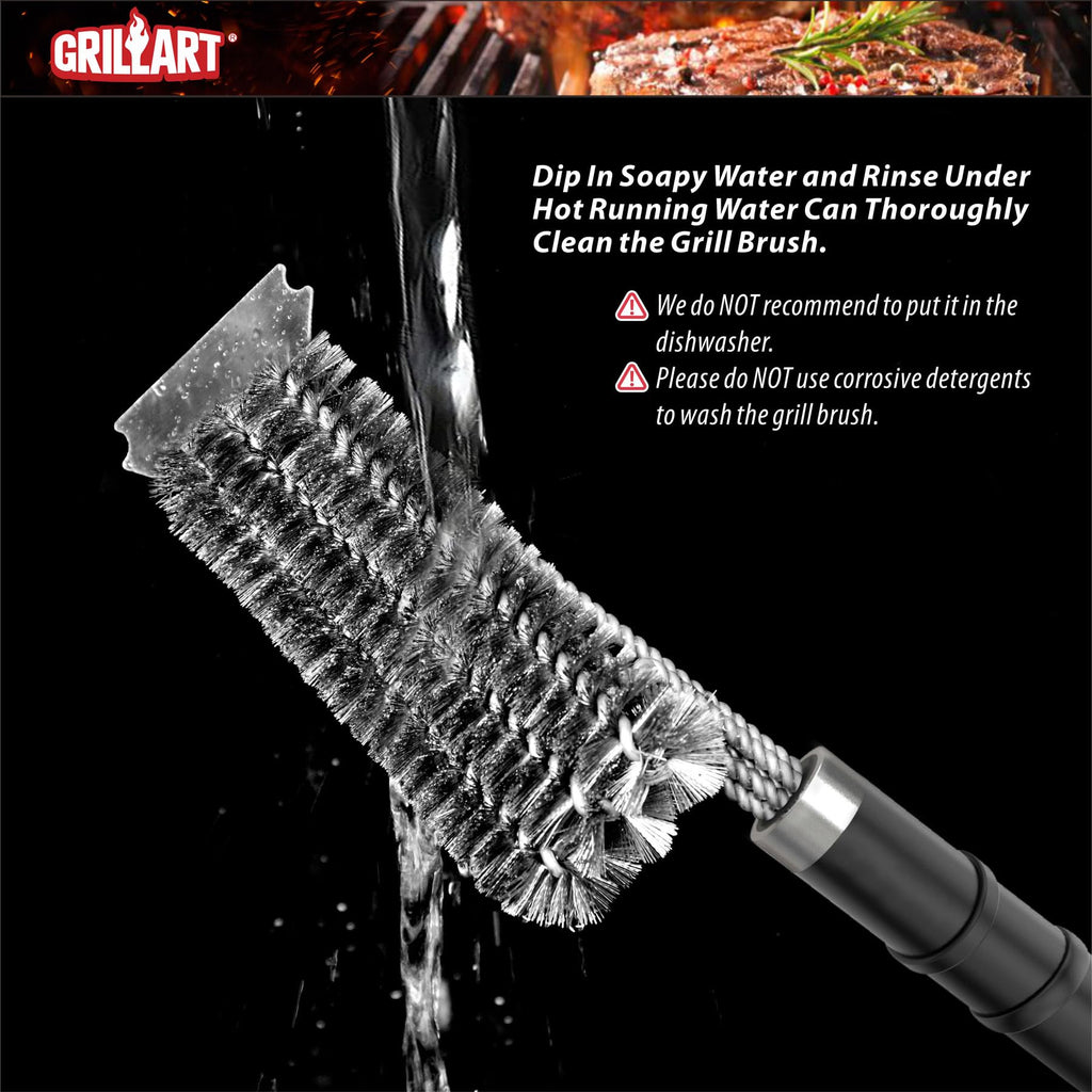 GRILLART Grill Brush and Scraper,18'' Deluxe Adjustable Handle BBQ Cleaner