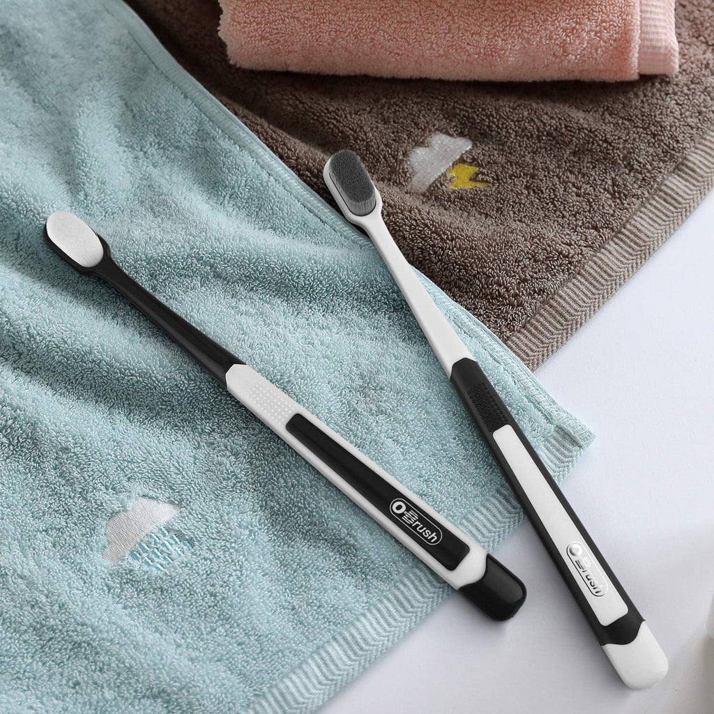 Ultra Extra Soft Toothbrush for Sensitive Gums, New Japanese 20,000 Micro Fine Nano Bristles Brush for Adults, Pregnant and Elderly, Portable Case for Travel, Black and White Color Pack of 2