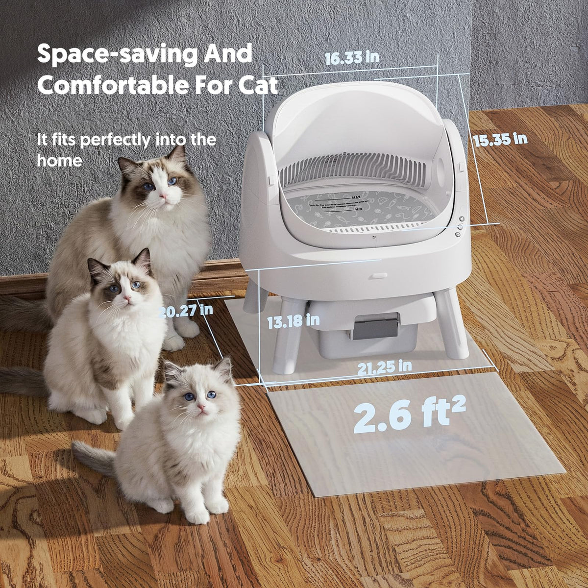 PetPivot Self Cleaning Litter Box, Open Top Automatic Litter Box for Multiple Cats, Multiple Layer Safety Protection, Liners and Mat Included, White