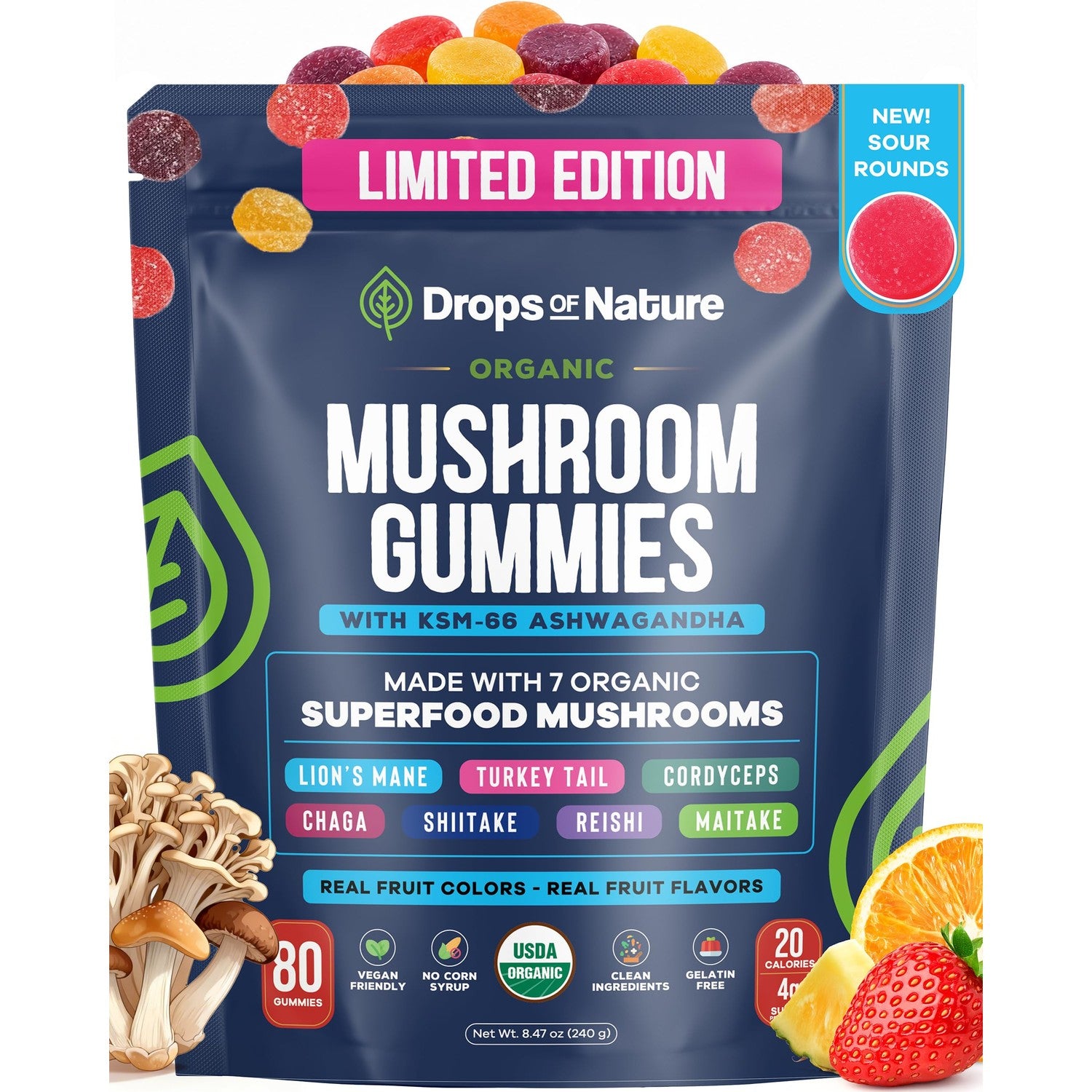 Drops Of Nature Organic Mushroom Gummies & Ashwagandha - Mixed Berry, 80 ct | KSM-66 Ashwagandha Gummies with 7 Superfood Mushroom Lions Mane Reishi Turkey Tail Chaga & More, Low Carb Vegan, Gelatin-Free