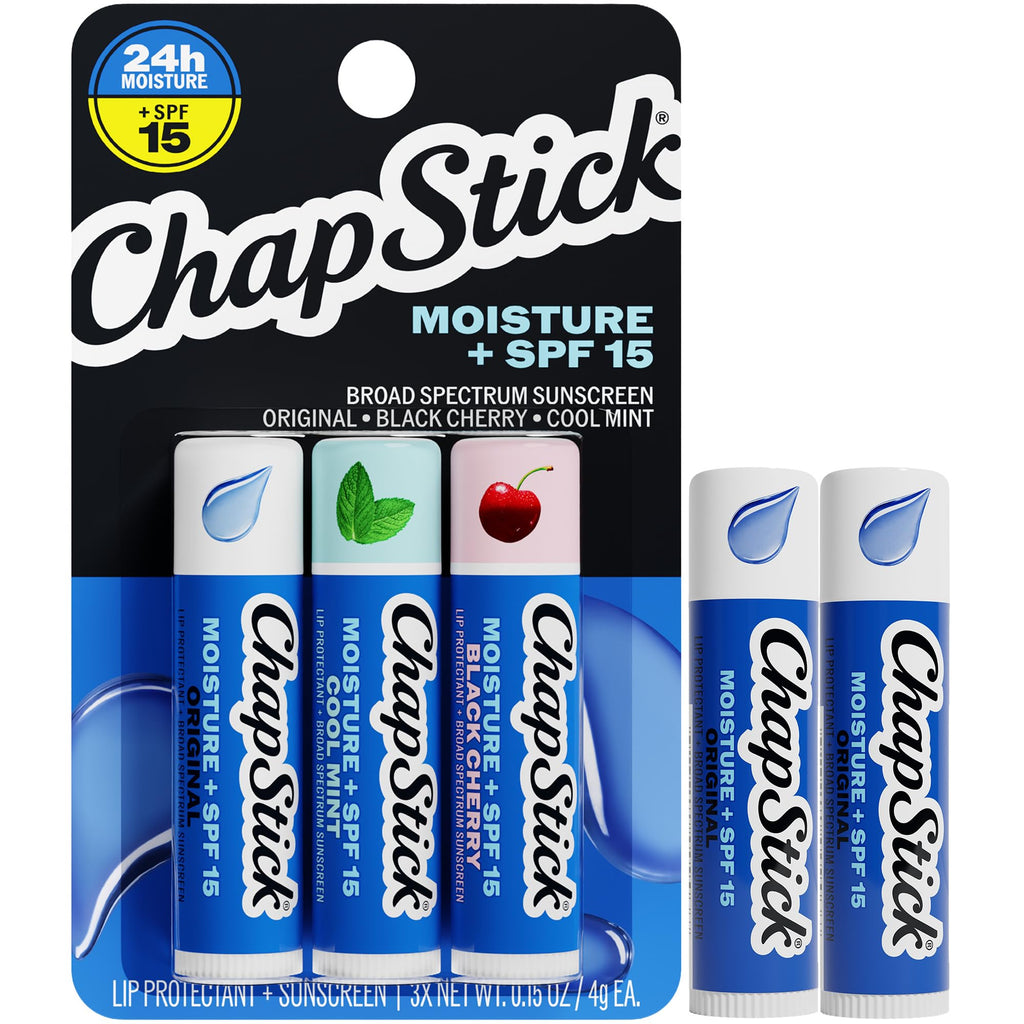 ChapStick Moisture + SPF 15 Lip Balm Sunscreen Variety 5-Pack, 0.15 Oz Ea | Variety 3-Pack (1 Original, 1 Cool Mint, and 1 Black Cherry) + 2 Original Moisture Lip Moisturizers with Sun Protection