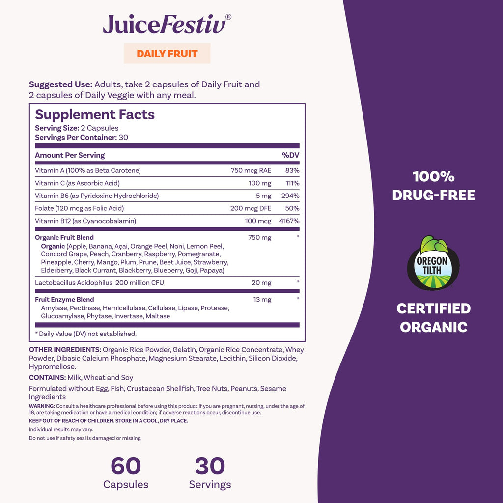 Natrol JuiceFestiv Vitamins and Supplements, 60 Capsules (2-Count) | For Nutrition & Well-being, Antioxidants for Cellular Health, Daily Fruit & Veggie Capsules, 120 Capsules, 30 Day Supply