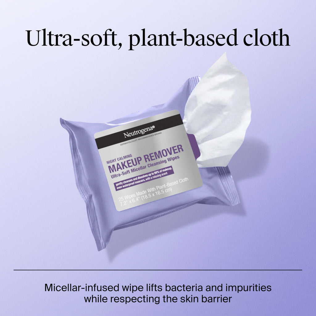 Neutrogena Night Calming Makeup Remover Face Wipes, 2 x 50 ct | Nighttime Cleansing Towelettes, Remove Sweat Dirt & Makeup, Hypoallergenic, 100% Plant Based Cloth