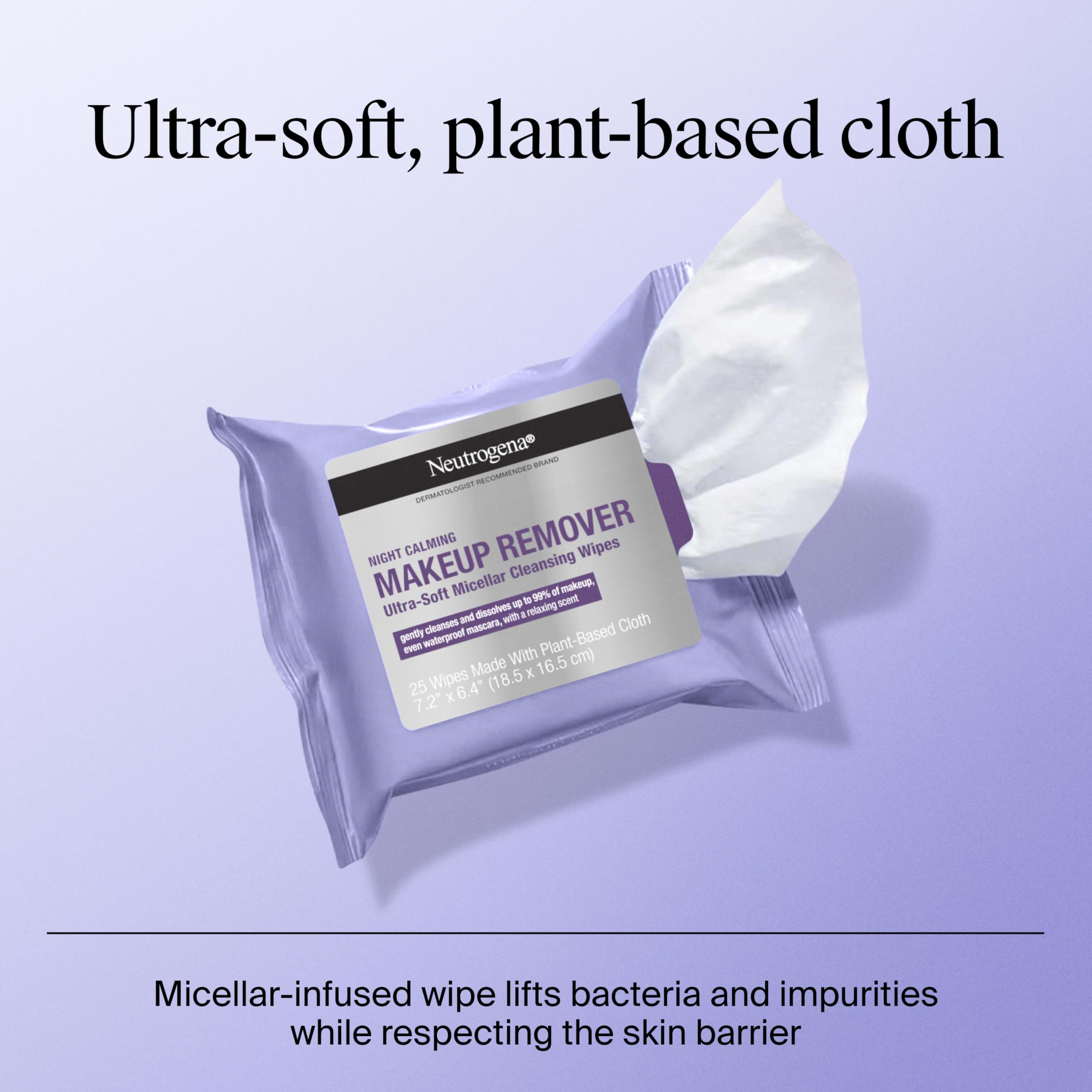 Neutrogena Night Calming Makeup Remover Face Wipes, 2 x 50 ct | Nighttime Cleansing Towelettes, Remove Sweat Dirt & Makeup, Hypoallergenic, 100% Plant Based Cloth