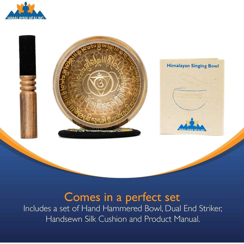 Buy now Tibetan Singing Bowl Set 4.2 inch with Holy Buddhist Mantra and Sacred Third Eye Symbol from Nepal~ Antique design suitable for Yoga, Meditation, Sound Healing & Chakra Balancing~ (4.2 Third EYE) at indiglob india