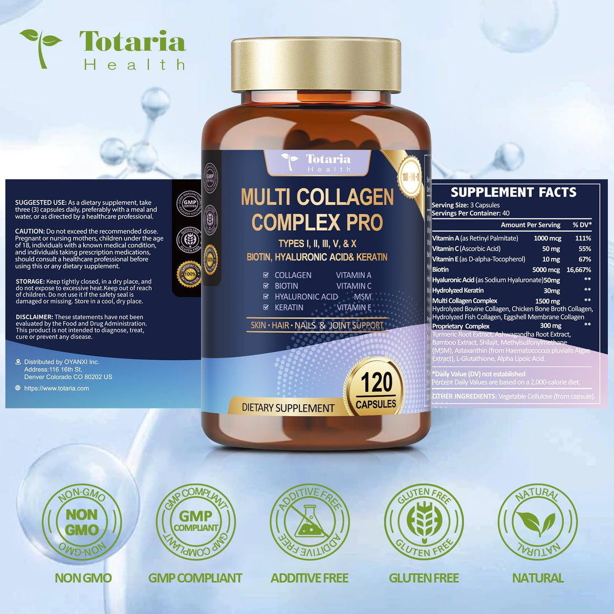 18-in-1 Collagen Pro 1500mg w/Types I II III V X Biotin VIT A C E 120 Caps