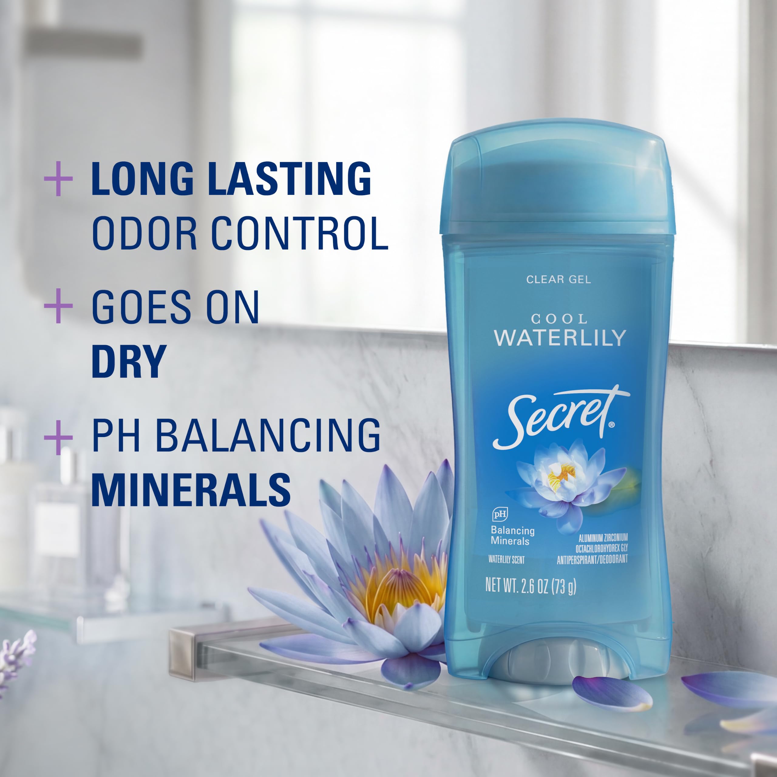 Secret Fresh Antiperspirant Deodorant for Women, 72hr Breathable Sweat & Odor Protection, Instant Freshness & Gentle, PH Balancing Minerals, Clear Gel, Cool Waterlily Scent, 2.6 oz (Pack of 3)