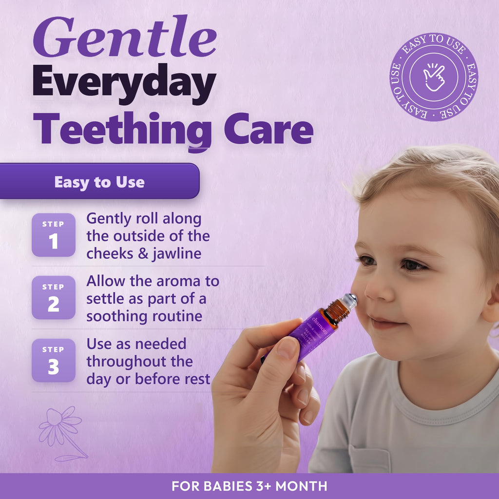 Organic Baby Teething Relief Roller for Babies 3 Months+ | Natural Gum Soothing Oil with Chamomile, Lavender, Frankincense & Jojoba | Teething Pain Relief