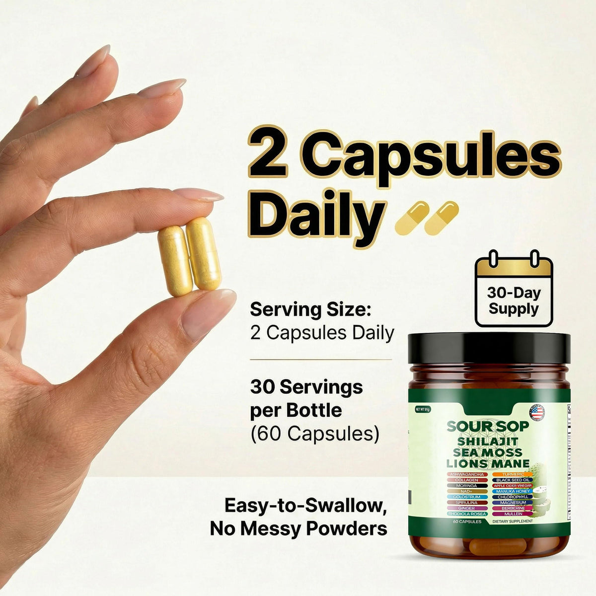 24-in-1 Soursop Capsules with Shilajit, Sea Moss, Lions Mane, Ashwagandha, Elderberry, Vitamin C, D3 & Magnesium | 20:1 Extracts | Daily Wellness Support for Adults | Non-GMO