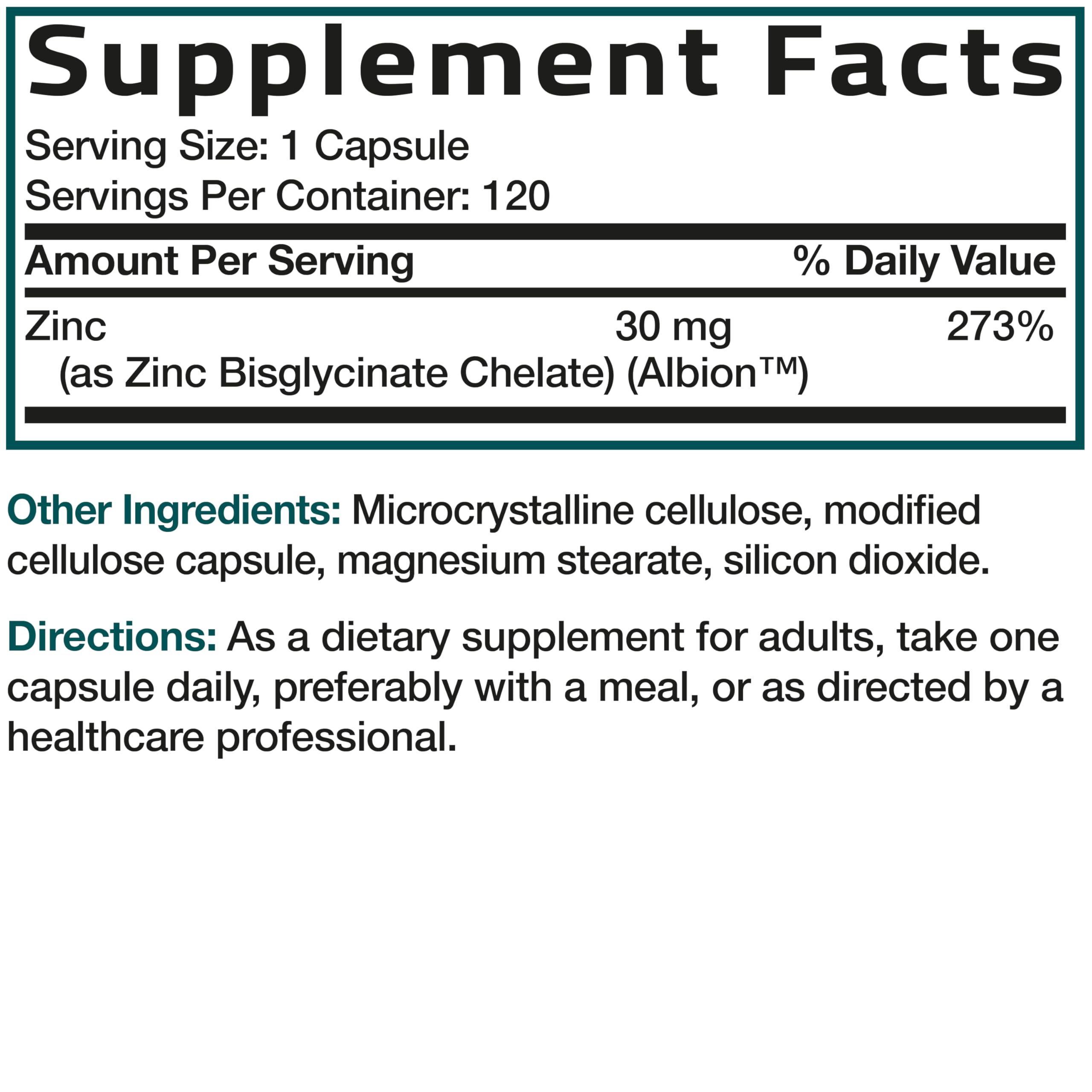 Bronson Zinc Glycinate 30 mg (Zinc Bisglycinate Chelate), 120 Capsules | 100% Chelated Zinc from Albion Minerals for Absorption & Stability, Vegetarian, Non-GMO, Gluten-Free & Soy-Free